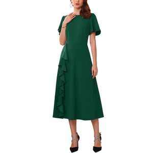 Wedding Guest Crew Neck Short Sleeve Formal Cocktail Midi Dress Dark Green